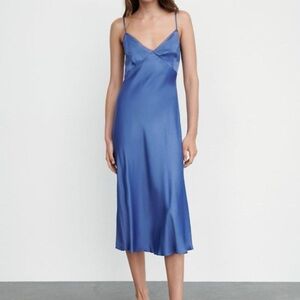 NWOT ZARA Blue Satin Slip Dress with Lace Trimming (XS)